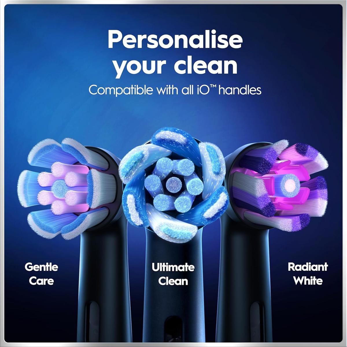Three black Oral-B iO electric toothbrush heads for Gentle Care, Ultimate Clean, and Radiant White on a blue background.