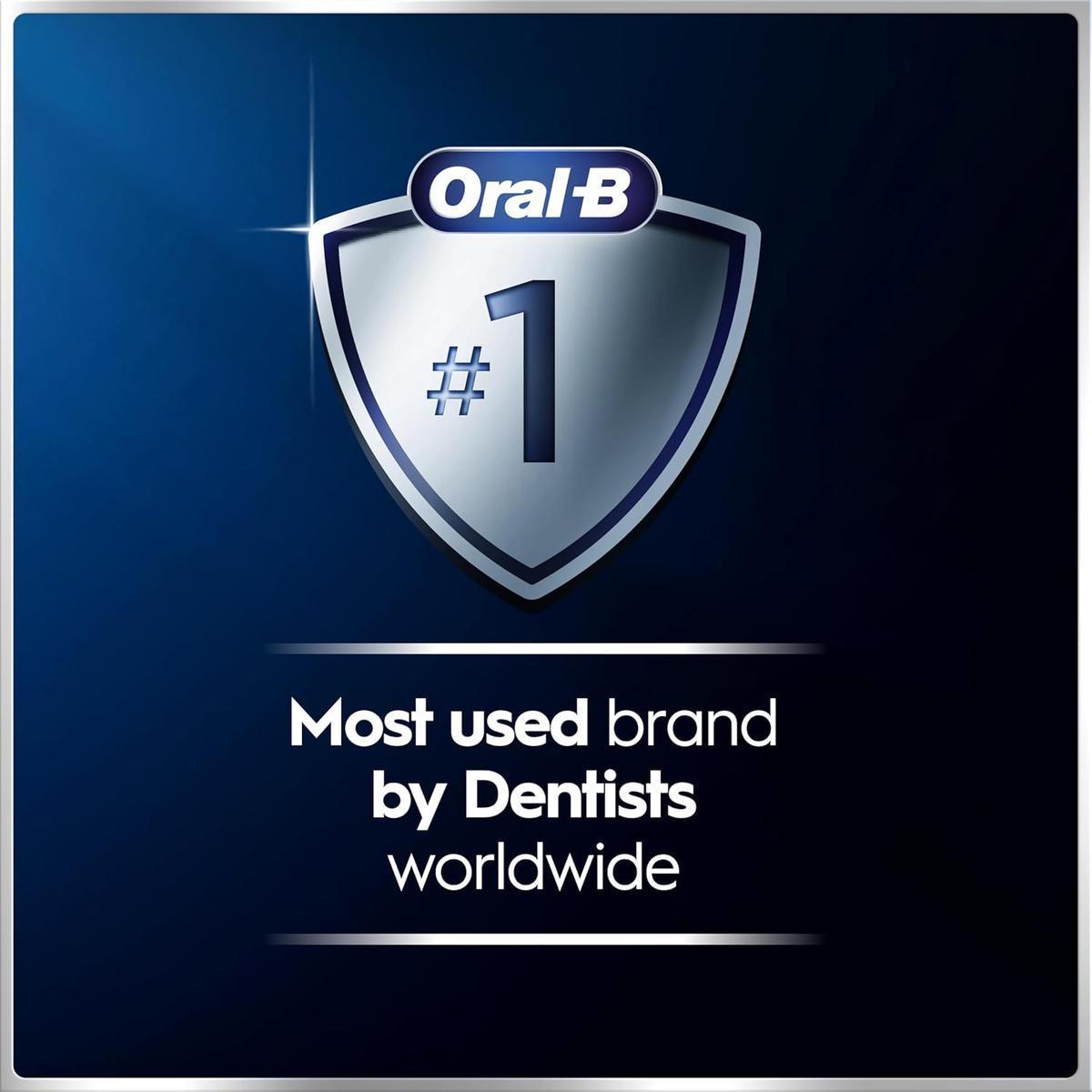 Oral-B logo inside a silver shield graphic stating #1 most used brand by dentists worldwide on a dark blue background.