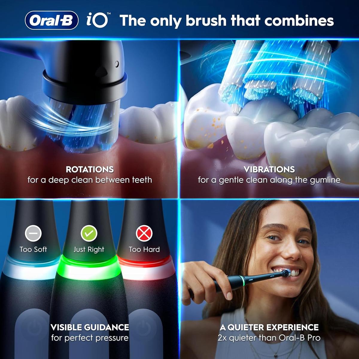 Oral-B iO9 electric toothbrush showing rotation, vibration, pressure sensor light, and a woman brushing her teeth.