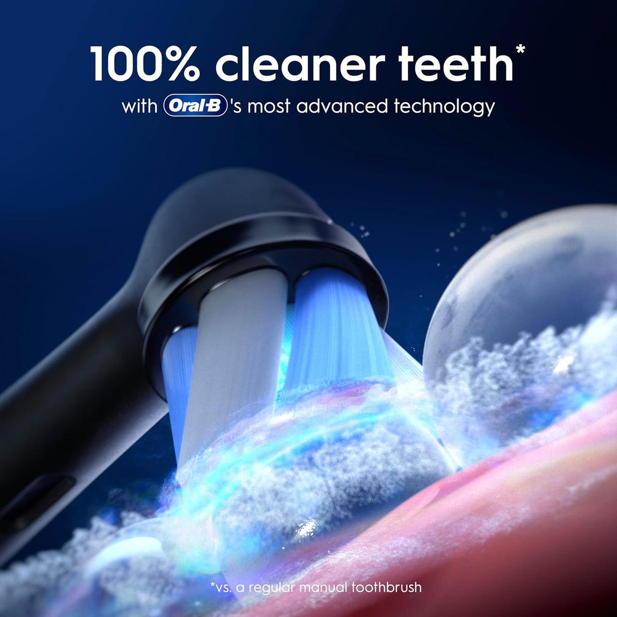 Black Onyx Oral-B iO9 electric toothbrush head cleaning teeth with advanced blue bristle technology and foam.