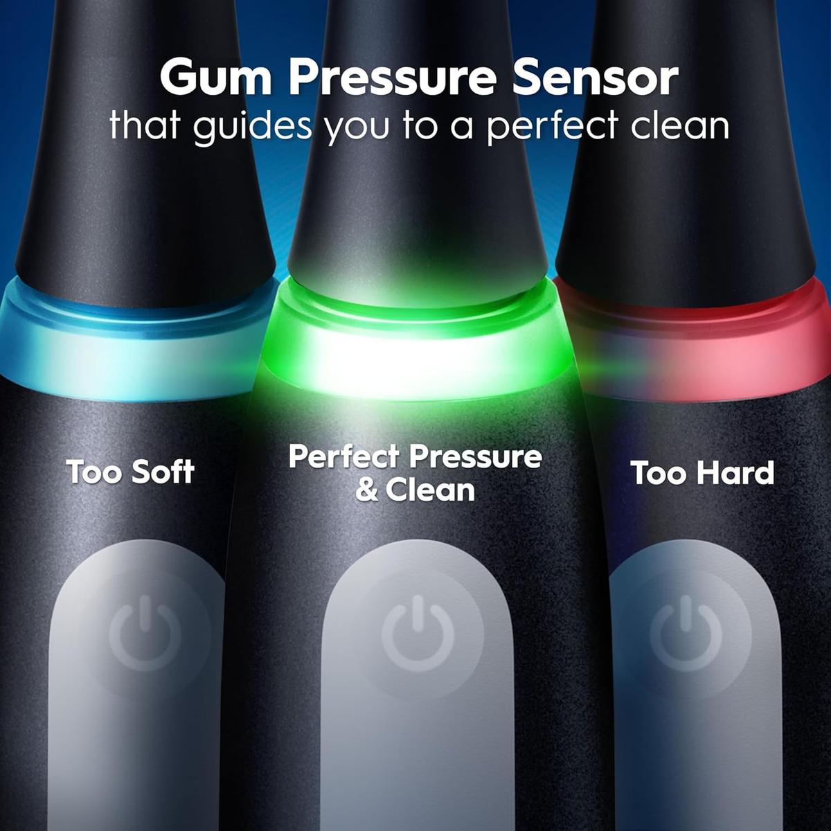 Black Oral-B iO9 electric toothbrush showing blue, green, and red pressure sensor light indicators for brushing guidance.
