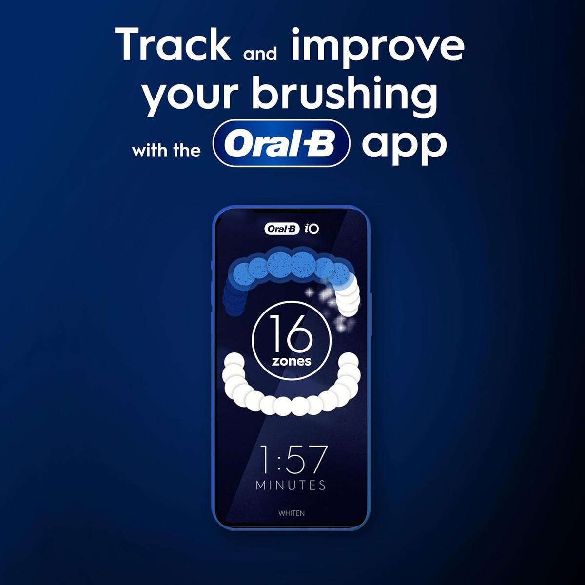 Oral-B iO app interface showing 16-zone AI brushing coverage tracking and timer on a smartphone screen.