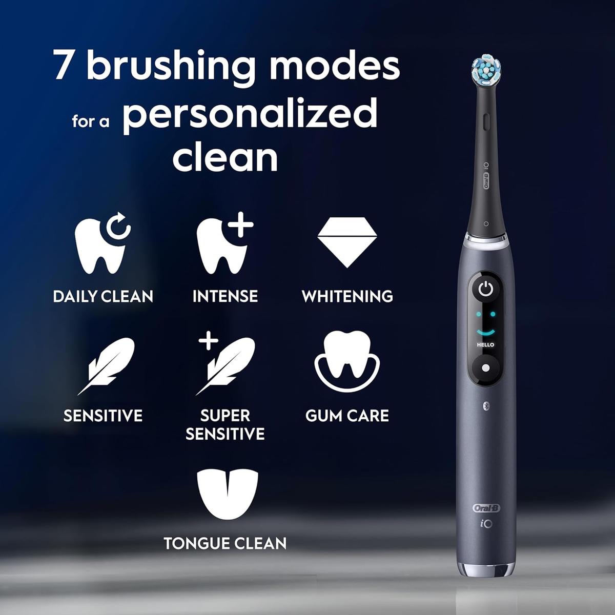 Black Onyx Oral-B iO9 electric toothbrush with interactive display showing 7 cleaning modes and icons on a dark background.