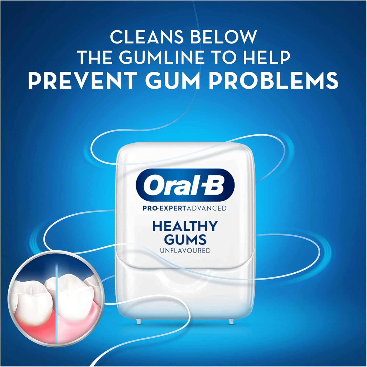 Oral-B Pro-Expert Advanced Waxed Dental Floss - Healthy Gums - Helps Prevent Gum Problems- Cleans Below The Gumline - Unflavoured Dental Tape - 50m