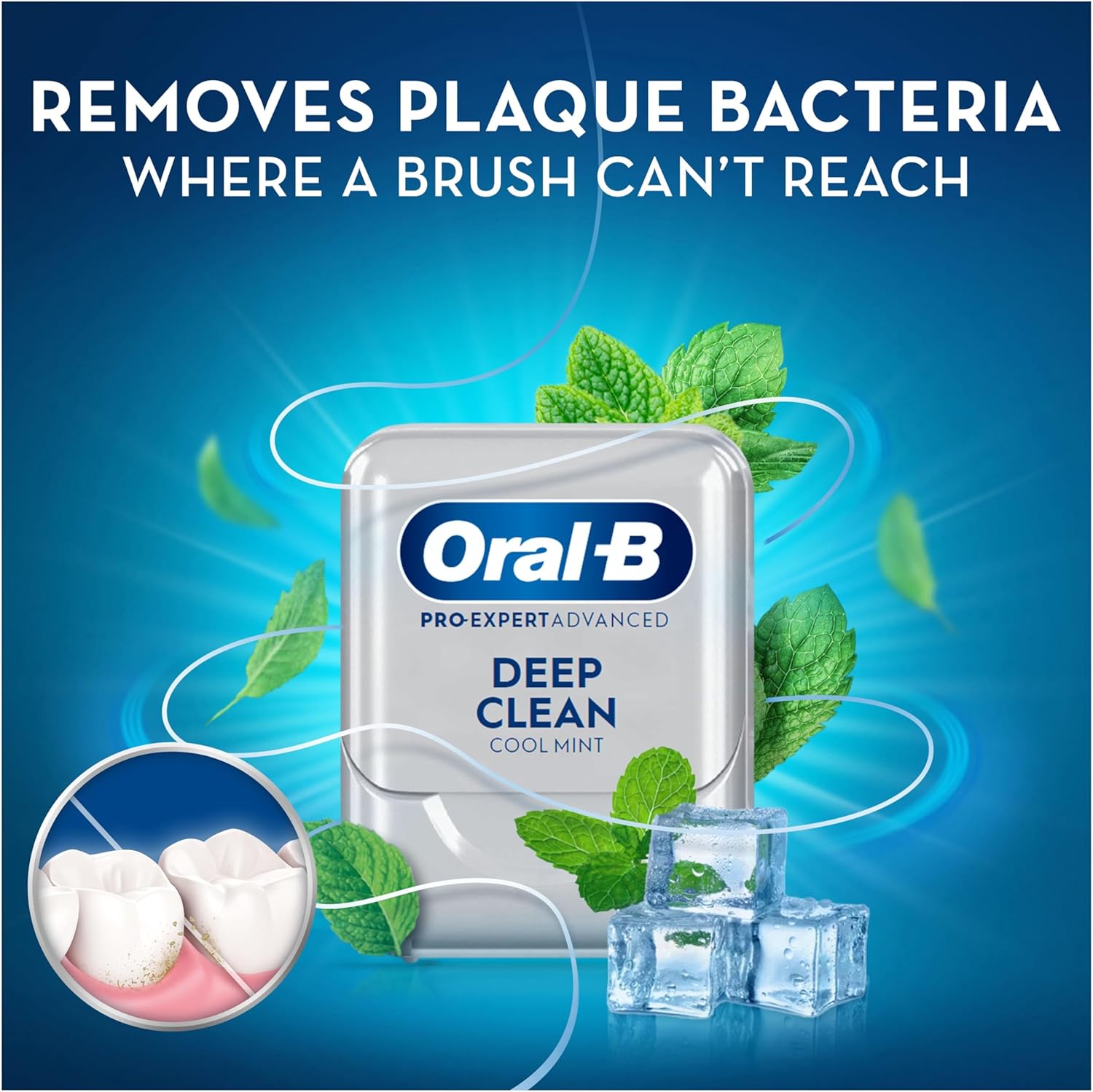 Oral-B Pro-Expert Advanced Waxed Dental Floss - Deep Clean - Removes Plaque - Cool Mint Flavour Dental Tape - 50m