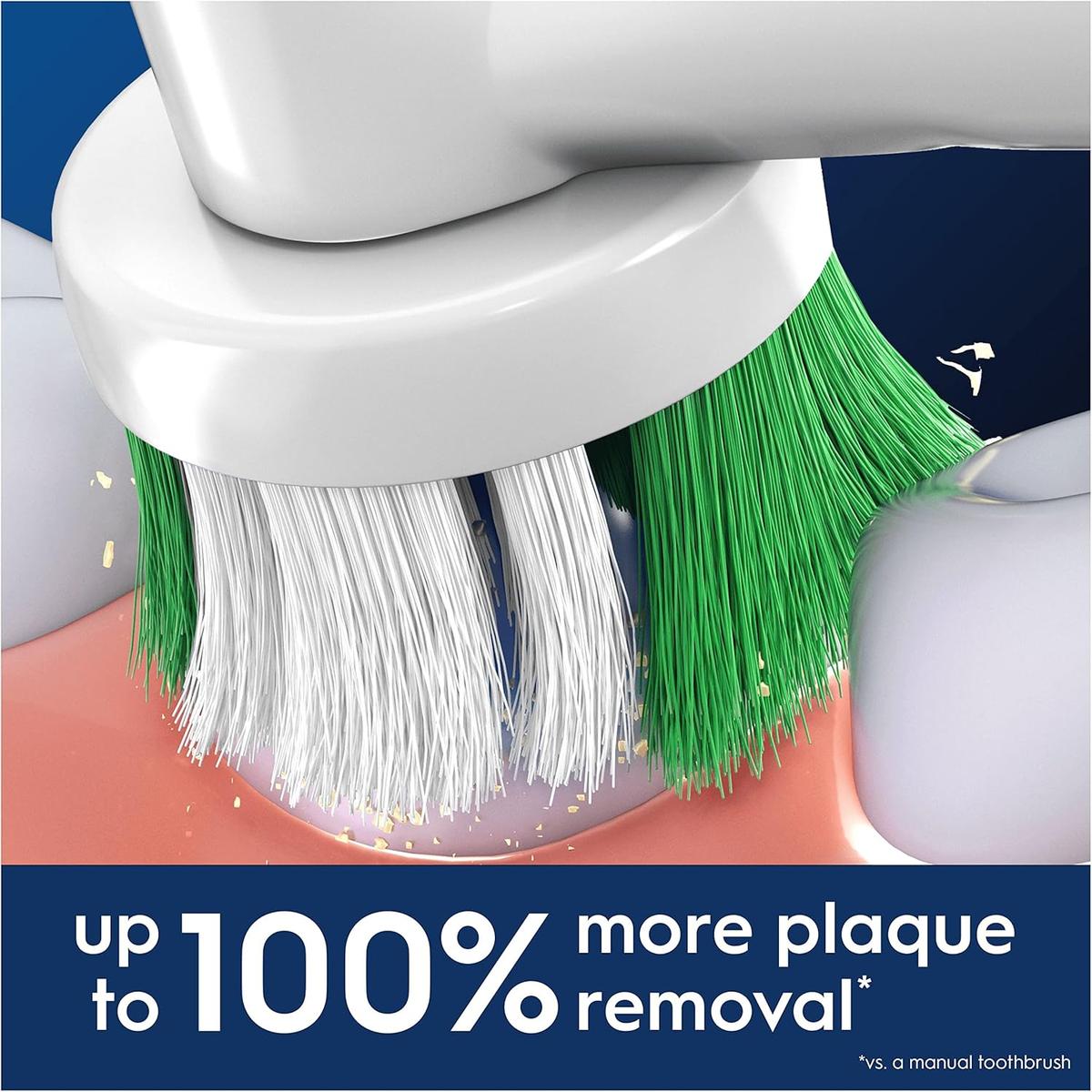 Oral-B electric toothbrush head with green and white X-shape bristles cleaning plaque from teeth and gums.
