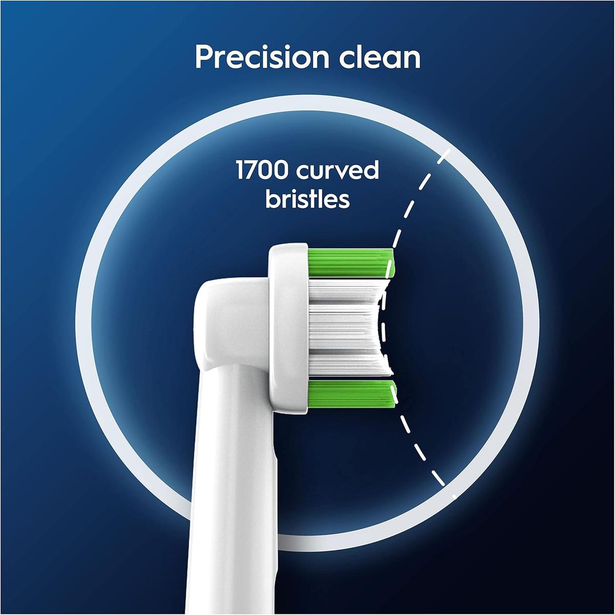 Oral-B Precision Clean electric toothbrush head featuring white plastic and 1700 curved green and white bristles.