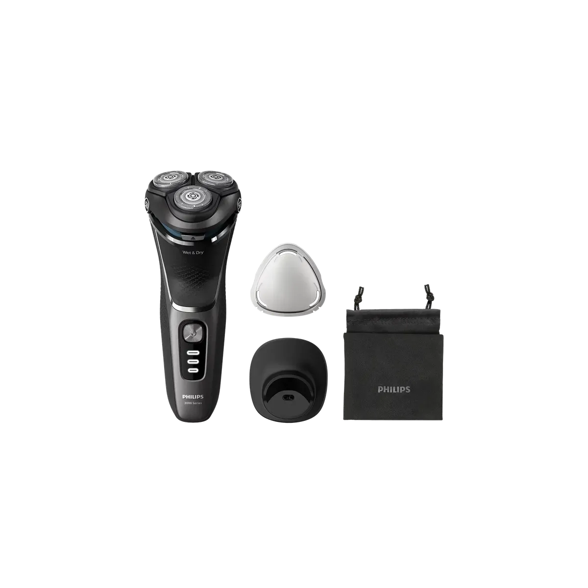 Philips 3000 Series black electric shaver with 5D pivot heads, protective cap, charging base, and black storage pouch.
