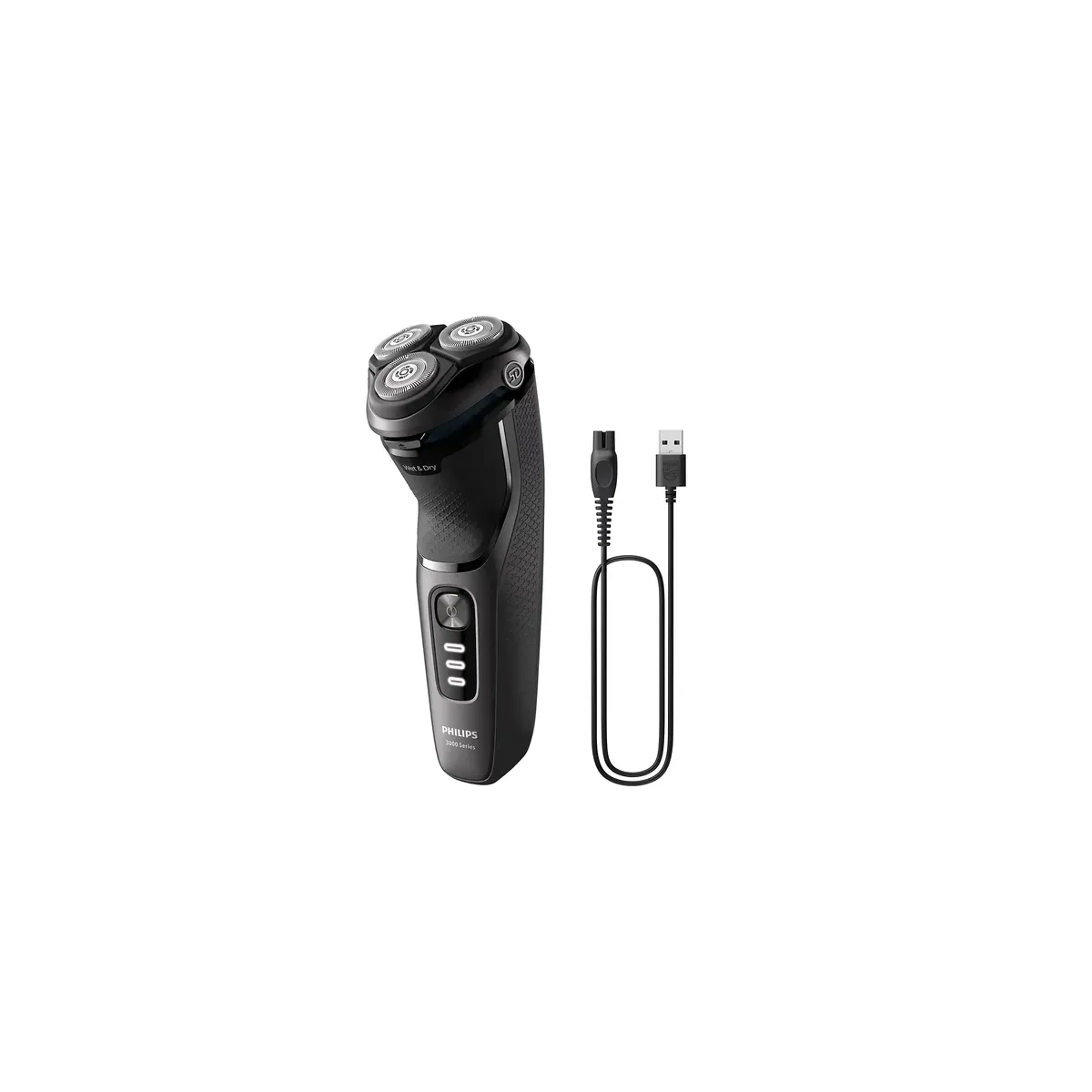Black Philips 3000 Series wet and dry electric shaver with 5D pivot heads and included USB charging cable.