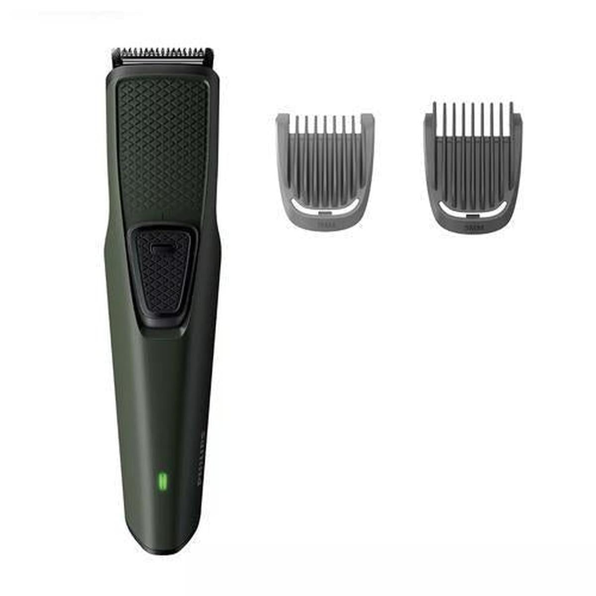 Dark green Philips Series 1000 beard trimmer with two detachable grey SkinProtect combs and a green charging indicator light.