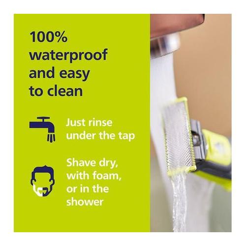 Philips OneBlade shaver head being rinsed under a tap, highlighting its waterproof design and easy-to-clean features.