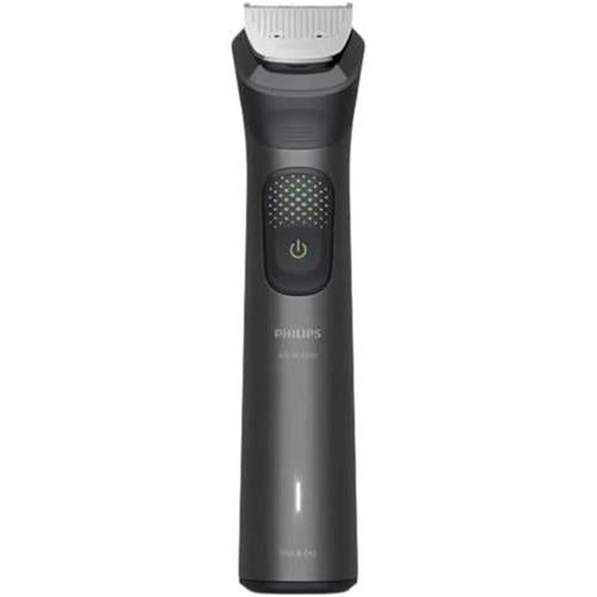 Philips 9000 Series all-in-one trimmer in dark grey with a metallic finish, power button, and precision cutting head.