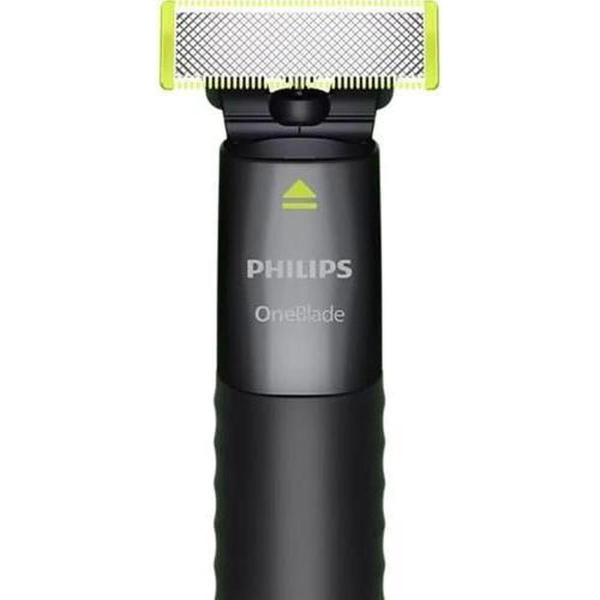 Philips OneBlade trimmer in matte black with a signature lime green blade head and ergonomic grip.