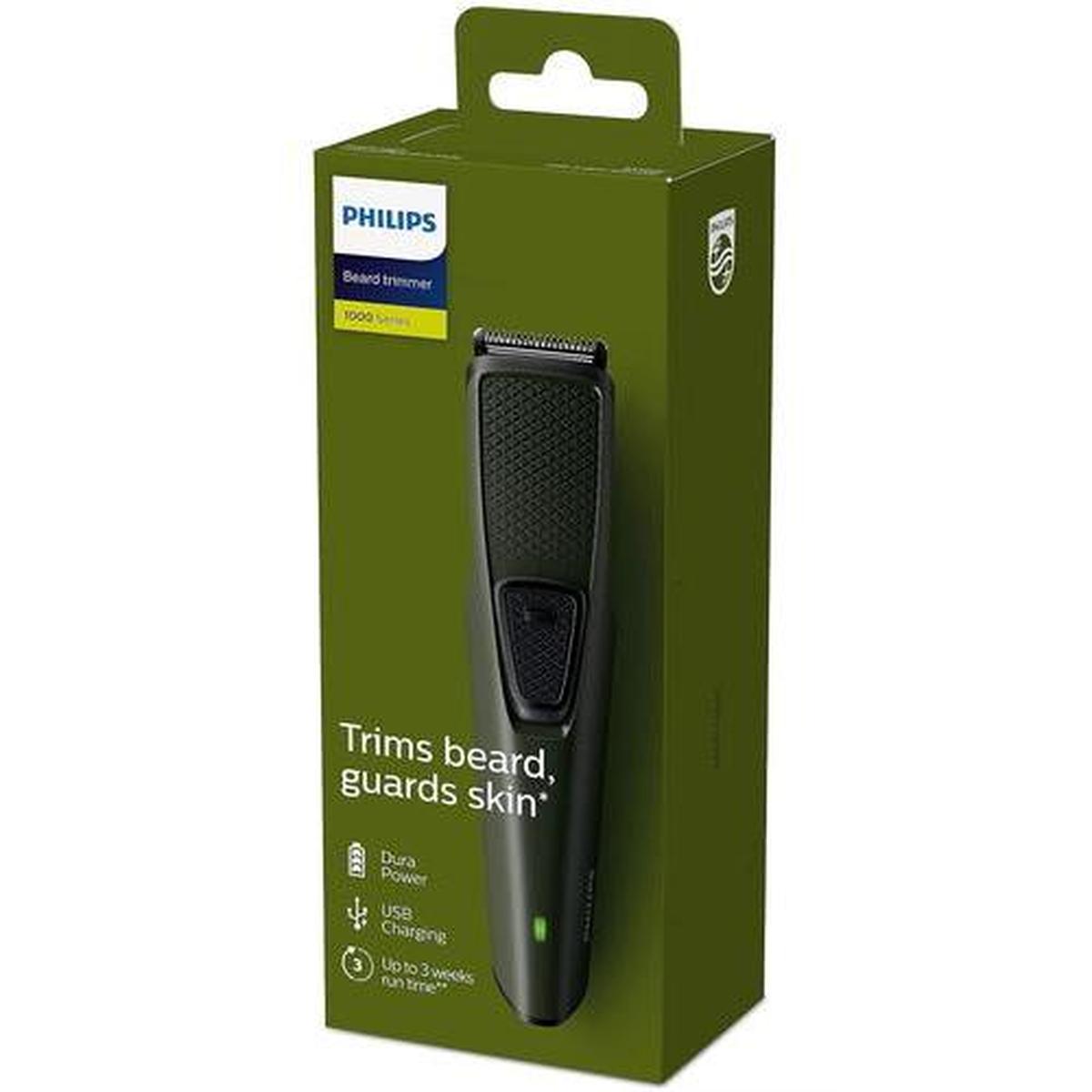 Black Philips Series 1000 beard trimmer in green retail packaging with USB charging and DuraPower features.