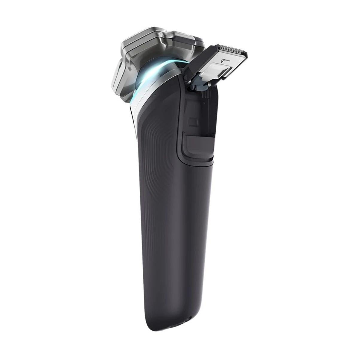Philips Series 9000 electric shaver in matte black with a metallic shaving head and integrated pop-up precision trimmer.