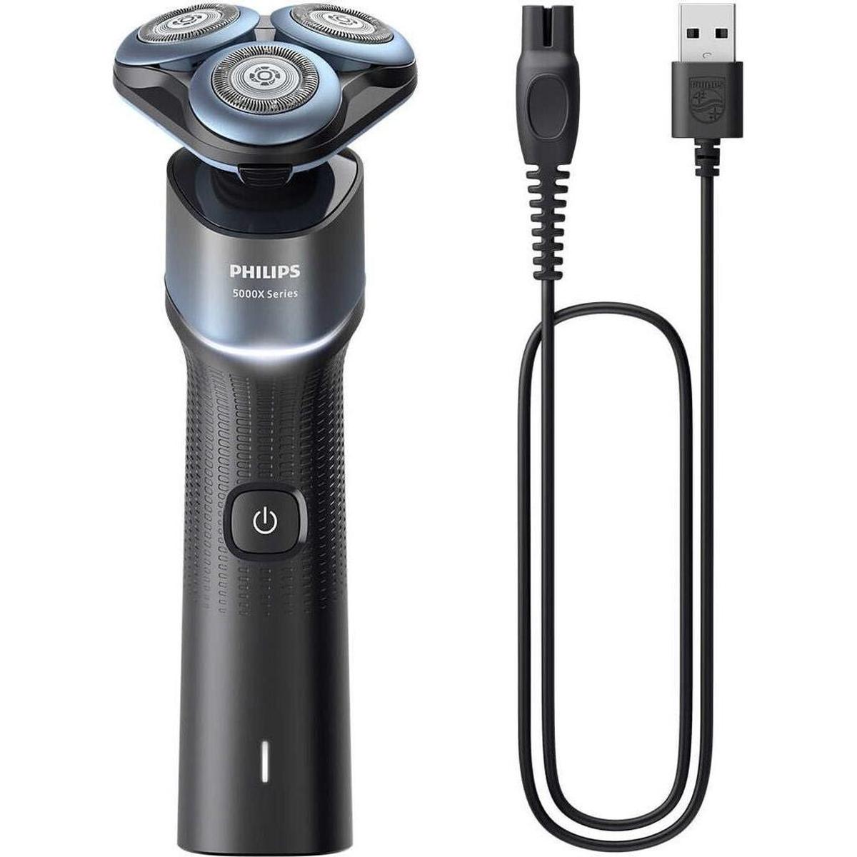 Philips 5000X Series blue and black electric shaver with 360-degree flexing heads and a USB charging cable.
