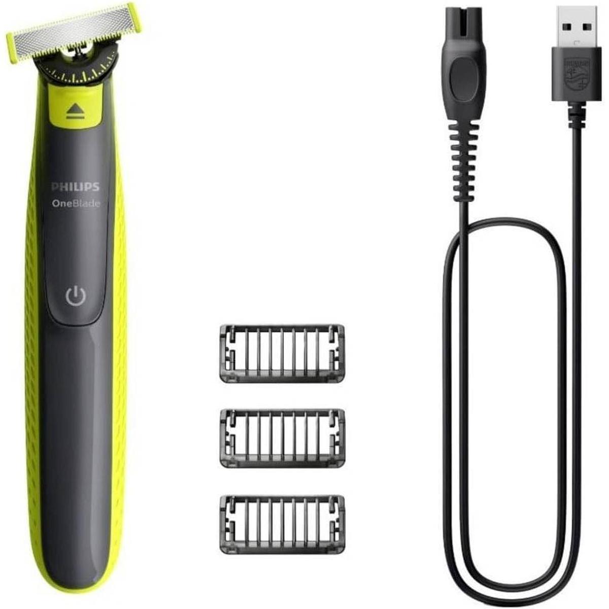 Philips OneBlade 360 trimmer in lime green and grey with three stubble combs and a USB charging cable.