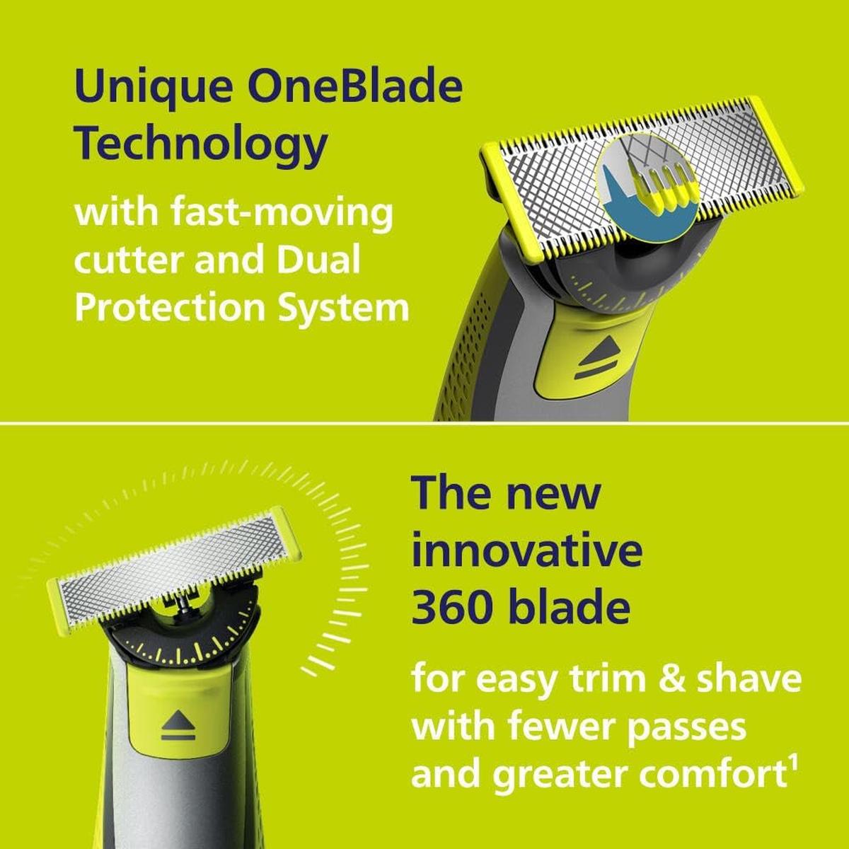 Philips OneBlade 360 facial trimmer featuring a flexible lime green and grey head with a dual-protection shaving blade.