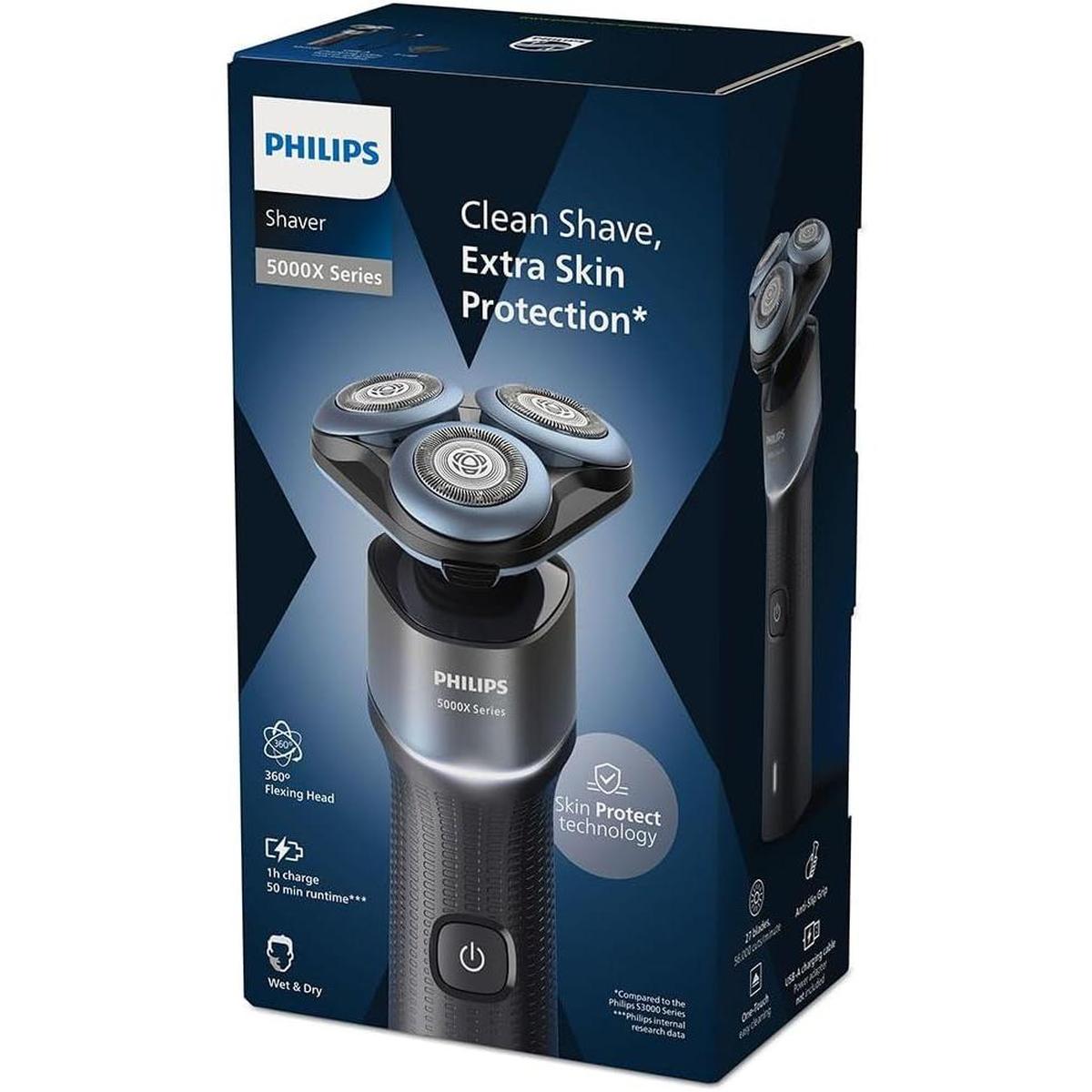 Philips 5000X Series blue electric shaver with 360-degree flexing heads and textured grip, shown in its product packaging.