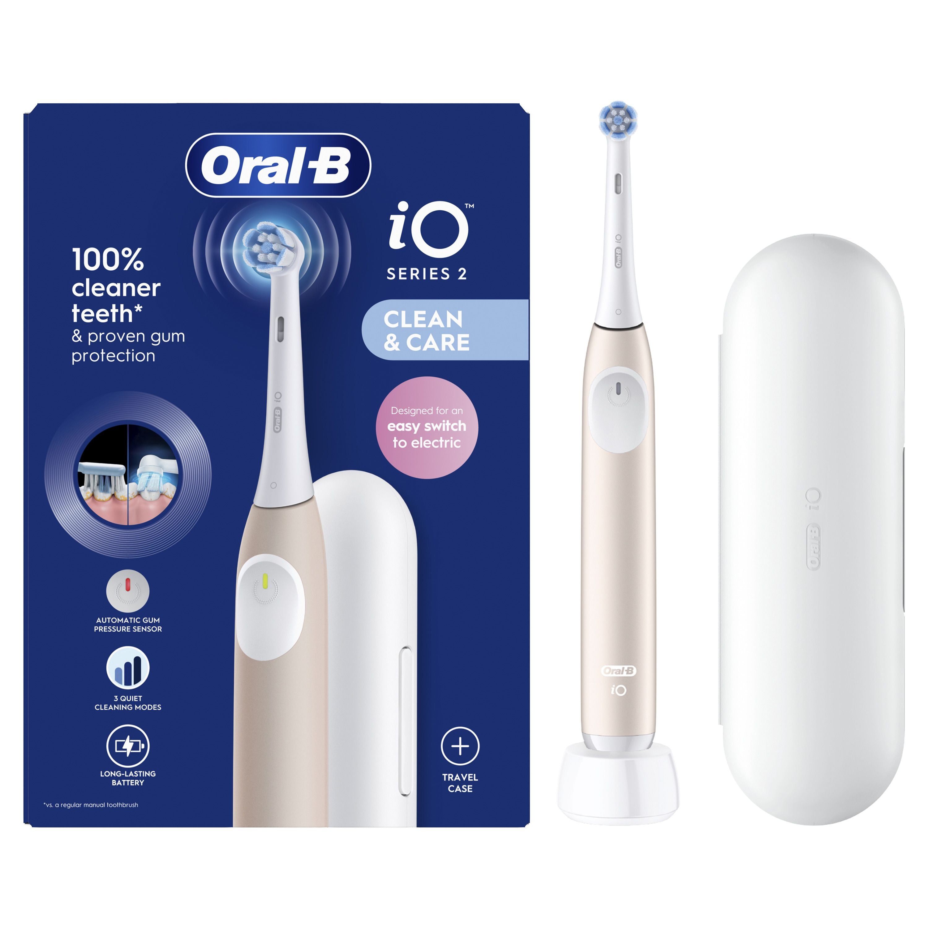 Oral-B iO2 Pink Electric Toothbrush, 1 Toothbrush Head, 1 Travel Case, 1 Travel Refill Holder, Designed by Braun