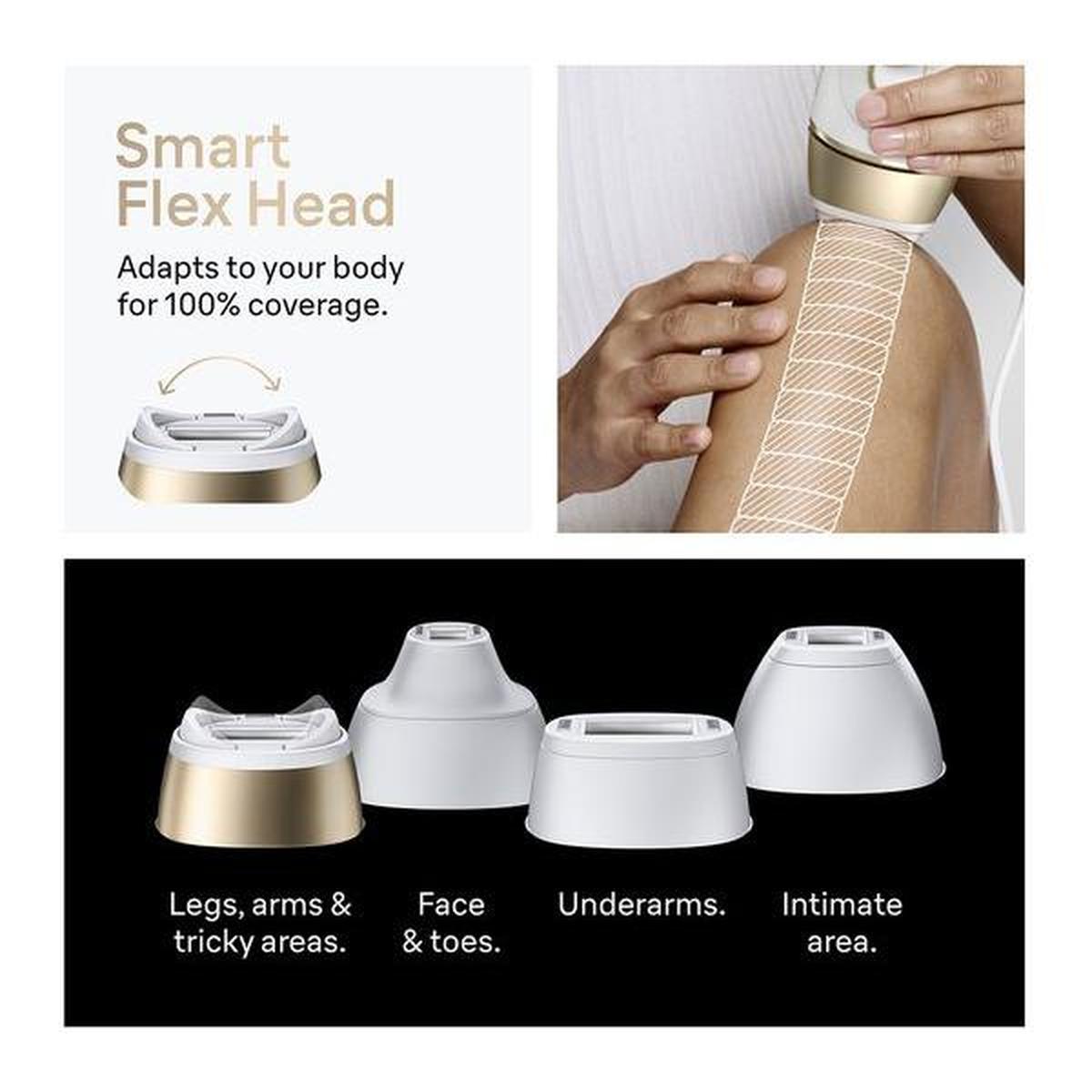 Braun Silk-expert Pro 5 IPL showing the Smart Flex head and four specialized white and gold attachments for body hair removal.