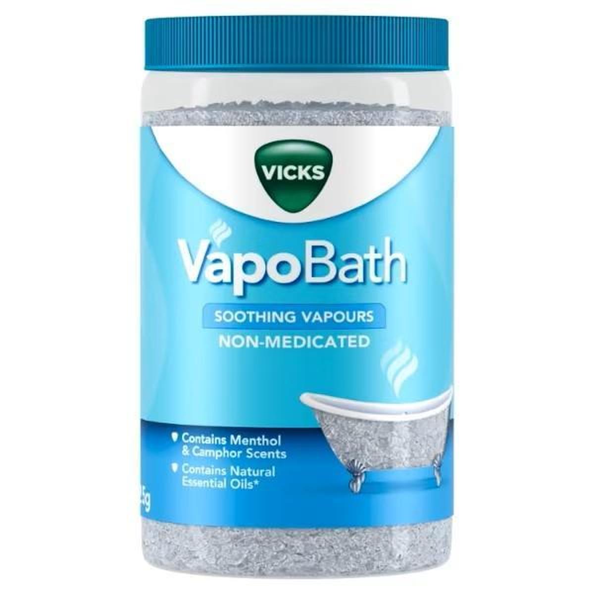 425g jar of Vicks VapoBath bath salts with a blue lid, featuring a blue label with a bathtub graphic and menthol scent info.