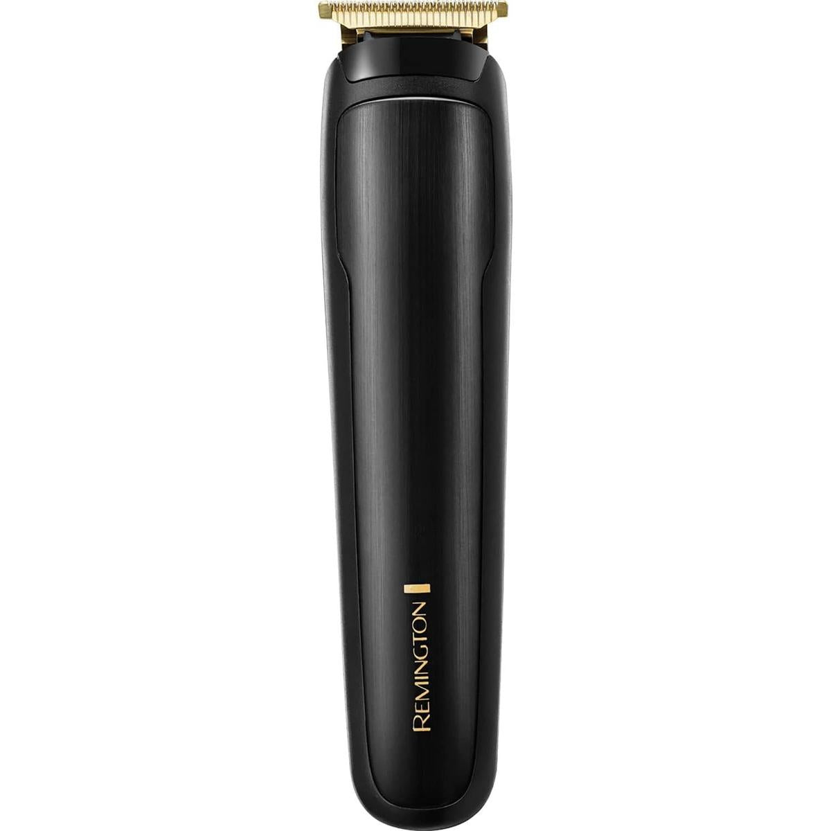 Remington T-Series cordless beard trimmer in matte black with a professional 38mm gold-tone T-blade.