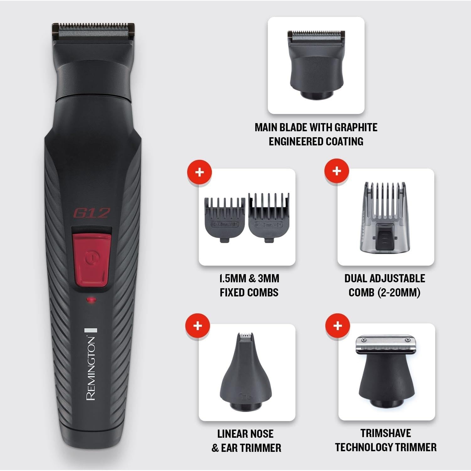 Remington 12-in-1 All-in-One Trimmer, Multi-Grooming Kit for Face, Beard, Body & Hair, 6 Attachments, Precision Detail, Nose & Ear, USB – PG2120