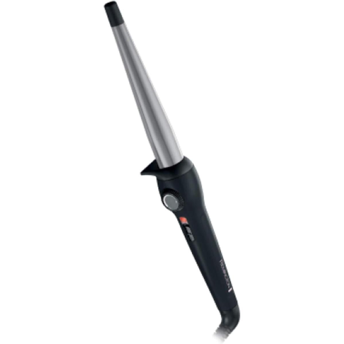 Remington Curl Create tapered curling wand in black with a ceramic-coated barrel and adjustable temperature dial.