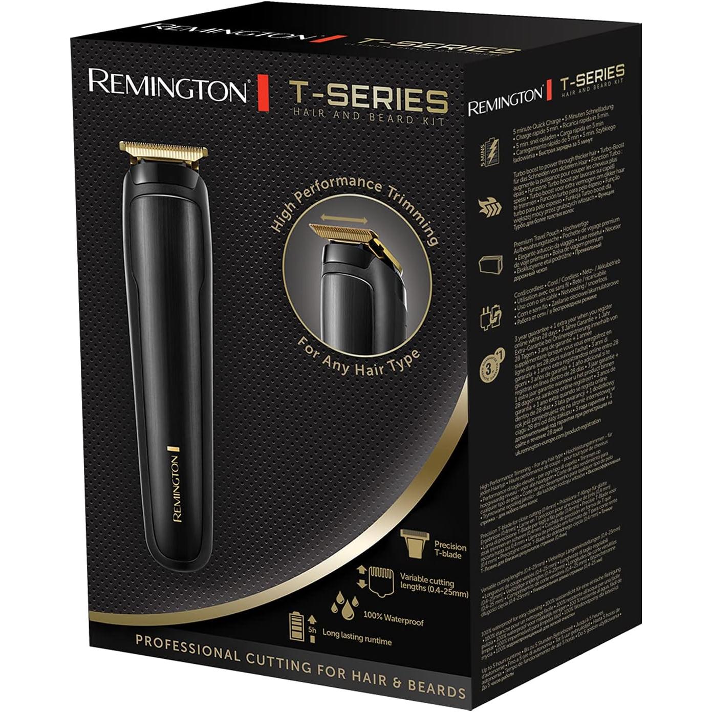 Remington T-Series Beard Trimmer and Hair Clipper Kit for Men (38mm T-Blade for Professional Cutting, Waterproof, Cordless, 5-Hour Runtime) MB7050