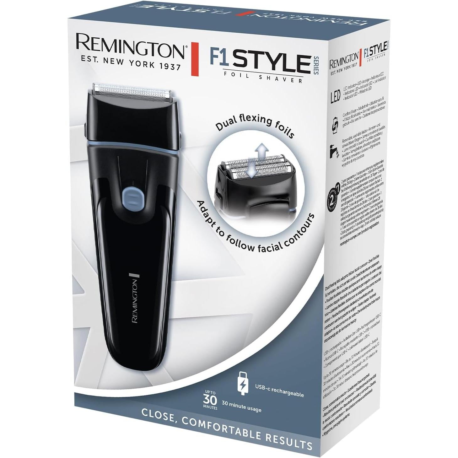 Remington Mens Electric Foil Shaver F1 (Pop-up Trimmer, 30 min Usage, Removable, Washable Blades, Cordless Usage, USB-C Charging, 100% Waterproof) F1000