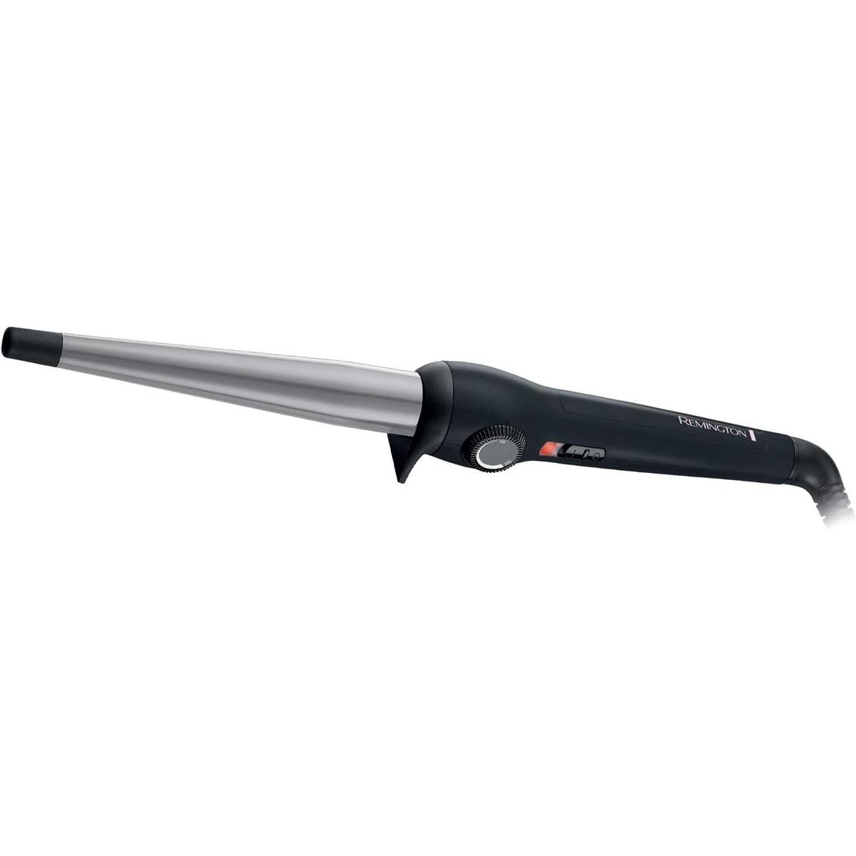 Remington black curling wand with a tapered ceramic barrel and adjustable temperature dial for styling hair.