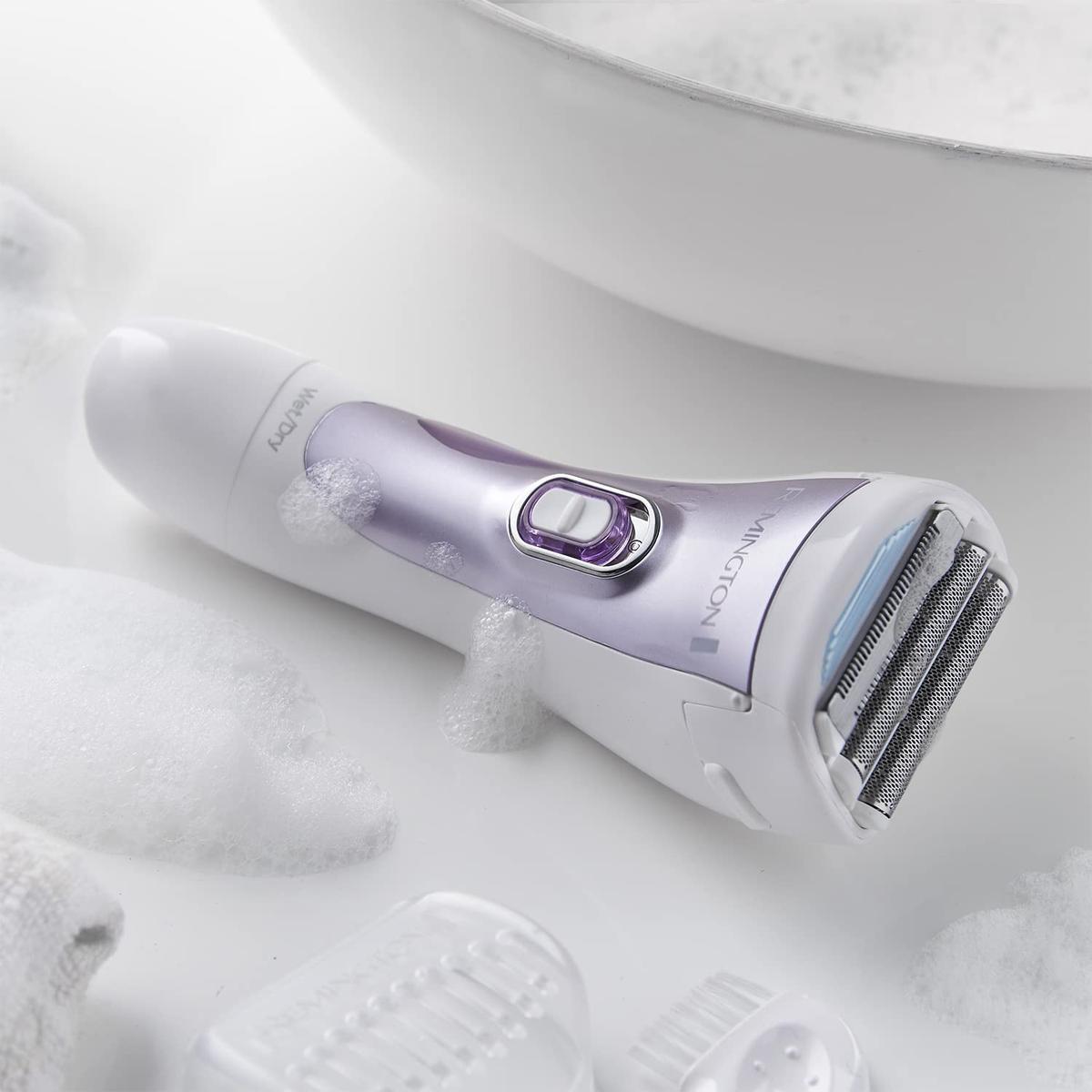 Remington Cordless Wet and Dry Lady Shaver, Showerproof Electric Razor with Bikini Attachment and Charge Stand, WDF4840, Purple - Healthxpress.ie