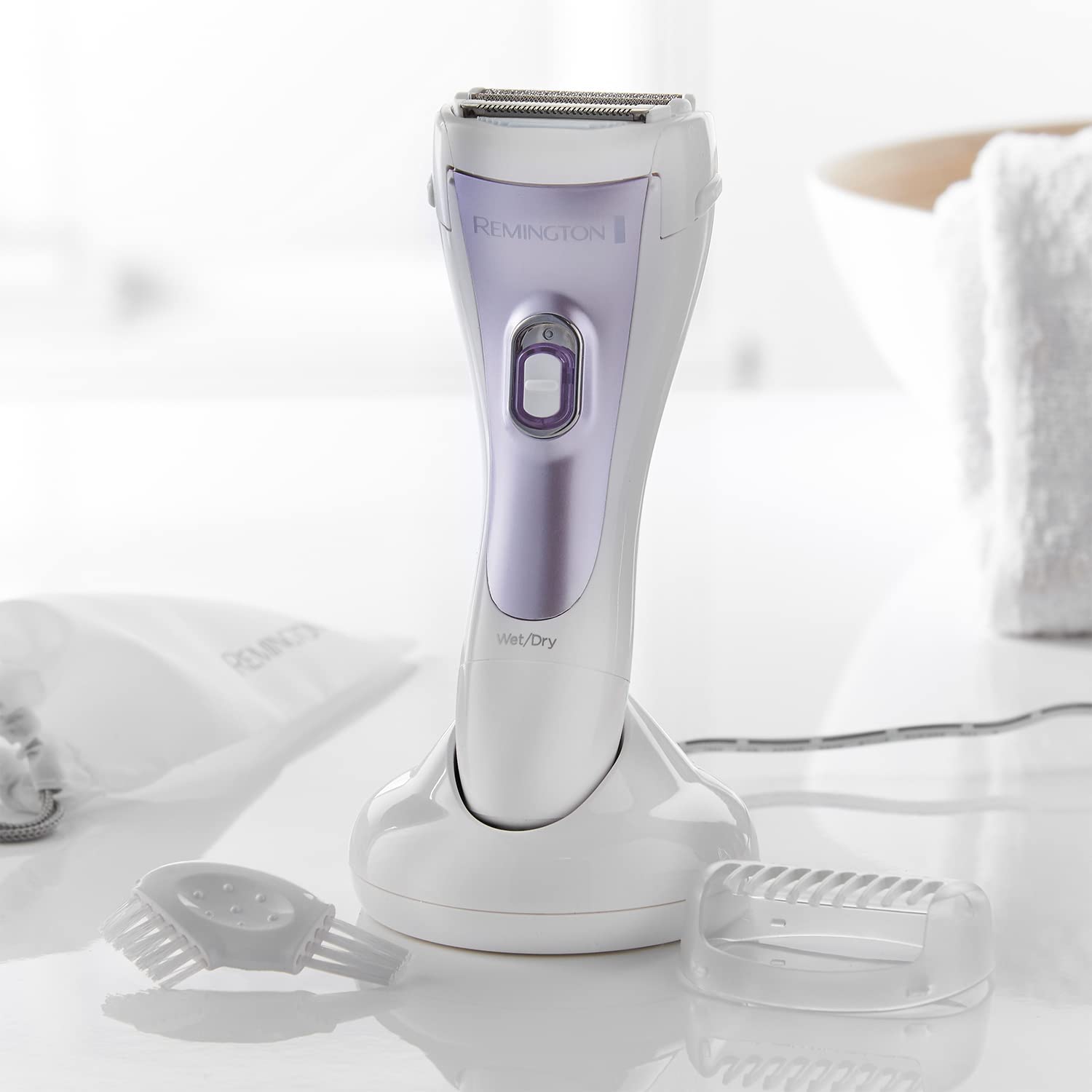 Remington Cordless Wet and Dry Lady Shaver, Showerproof Electric Razor with Bikini Attachment and Charge Stand, WDF4840, Purple - Healthxpress.ie