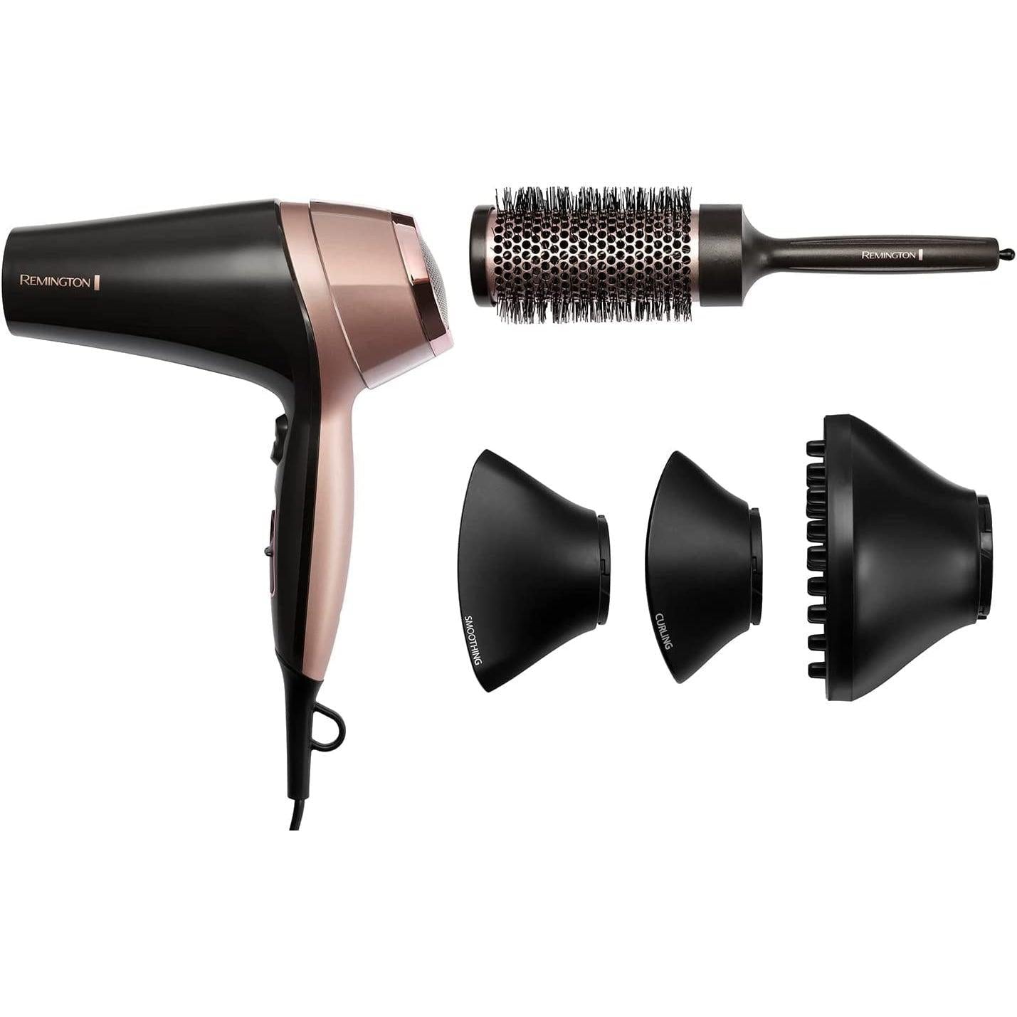 Remington Curl & Straight Hairdryer, Lightweight Ionic Dryer + Diffuser, Curling Nozzle, Smoothing Nozzle & Hair Brush- D5706