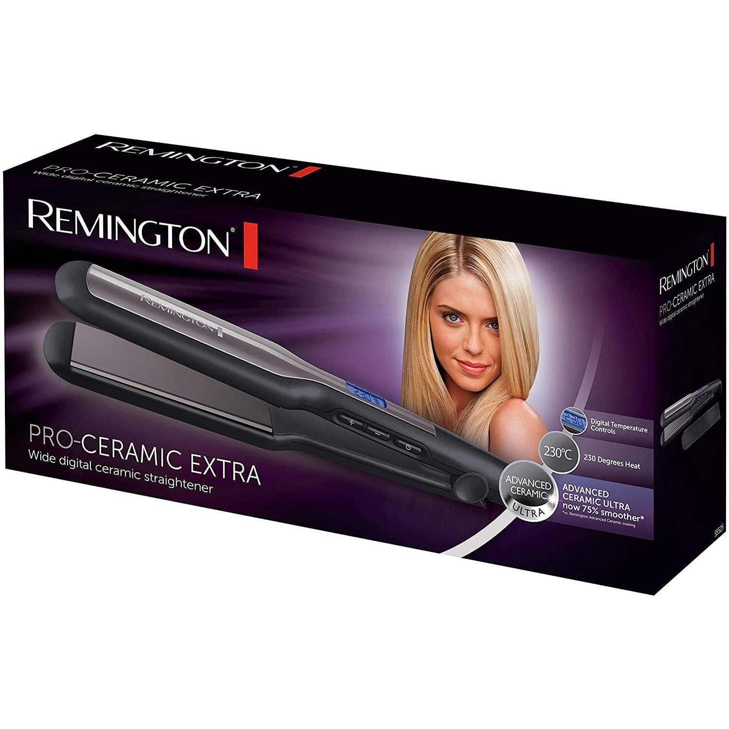 Remington Pro-Ceramic Extra Wide Plate Hair Straighteners for Longer Thicker Hair, Digital Temperature Control - S5525 - Healthxpress.ie