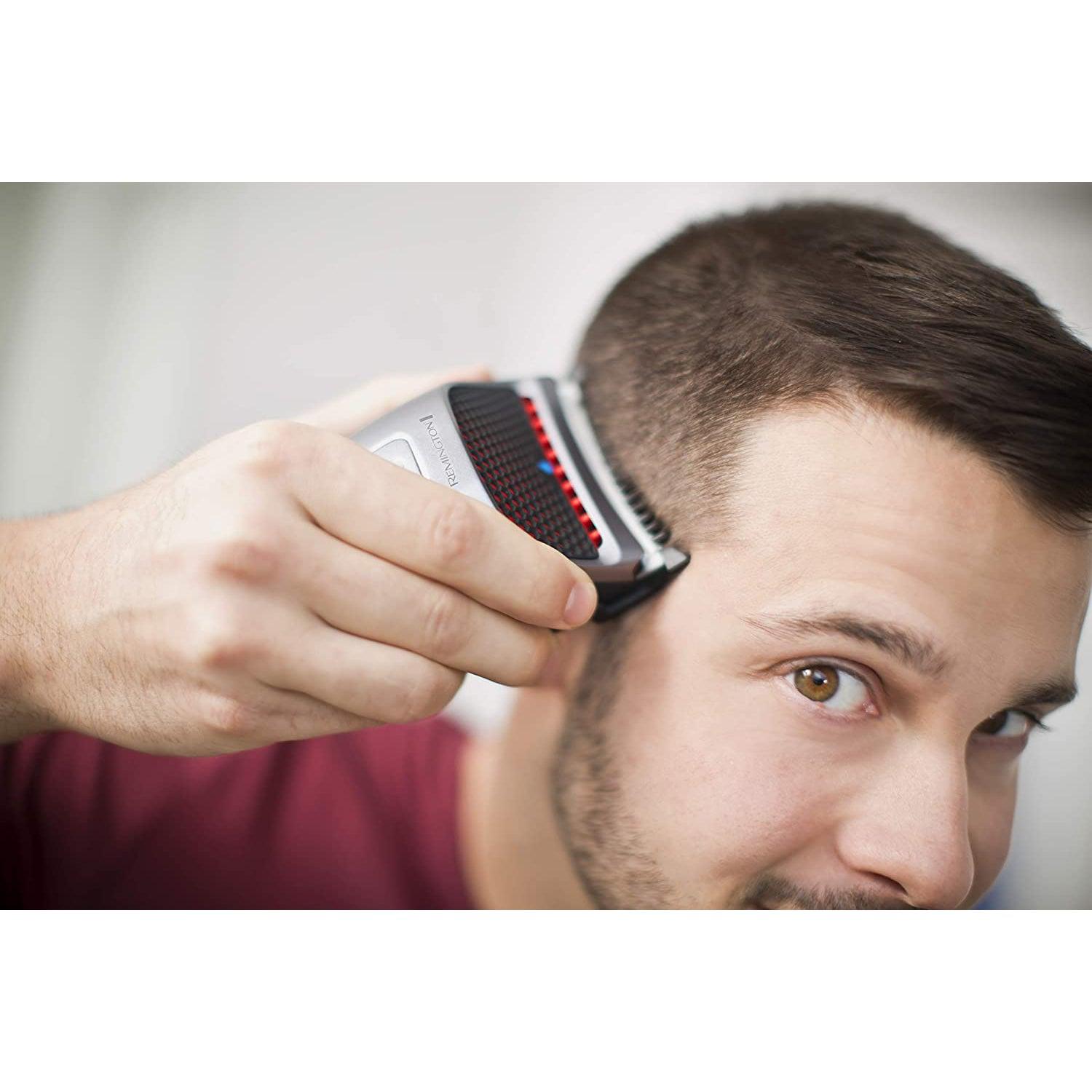 Remington Quick Cut Hair Clippers -9 Comb Lengths Curved Blade with Storage Pouch - HC4250, Black/Red - Healthxpress.ie