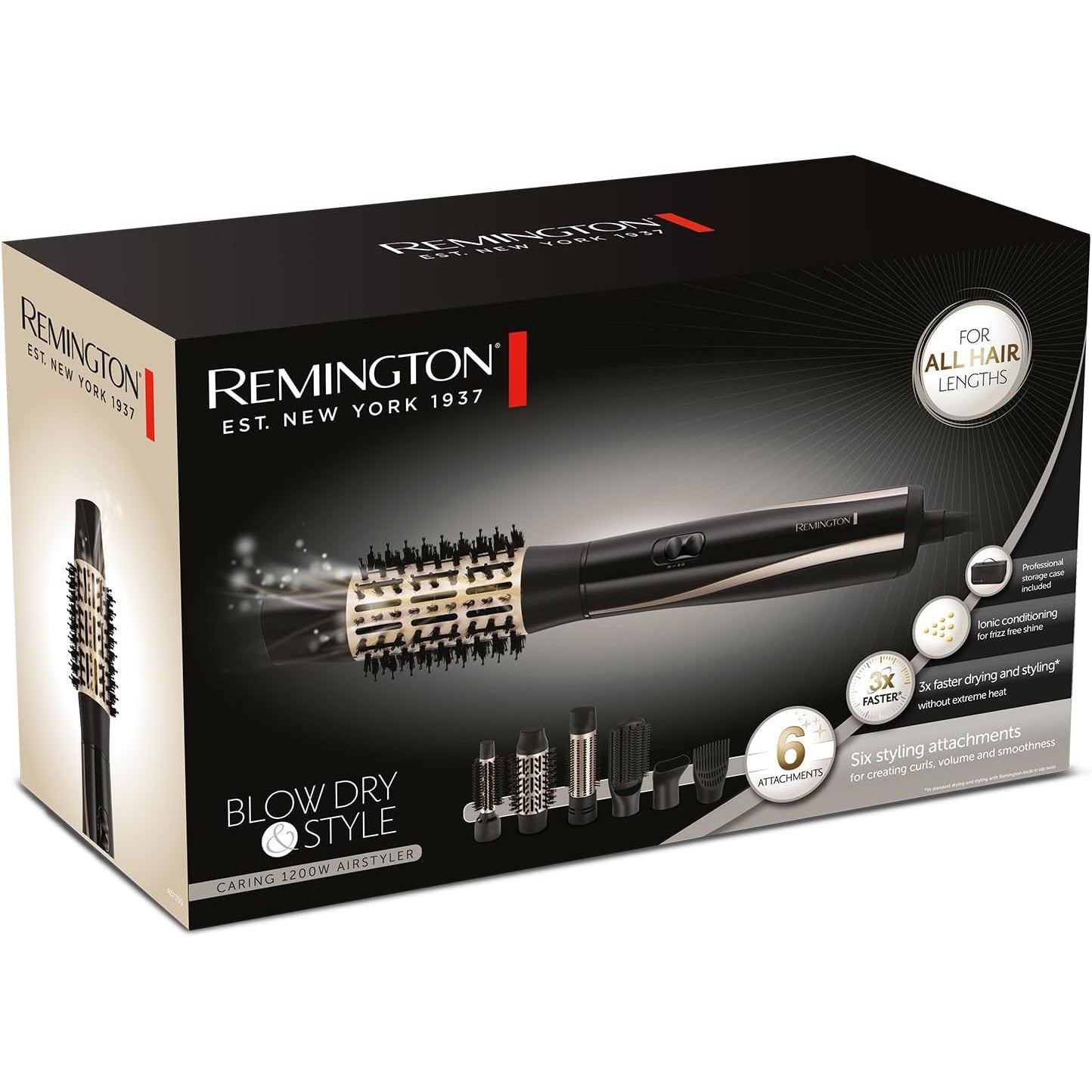 Remington Blow & Dry Caring Air Styler Hot Brush for all hair lengths, with 6 styling attachments - 25mm, 38mm & 50mm Round Brush, Concentrator, Paddle Brush & Root Boost, Storage pouch, 1200W, AS7700