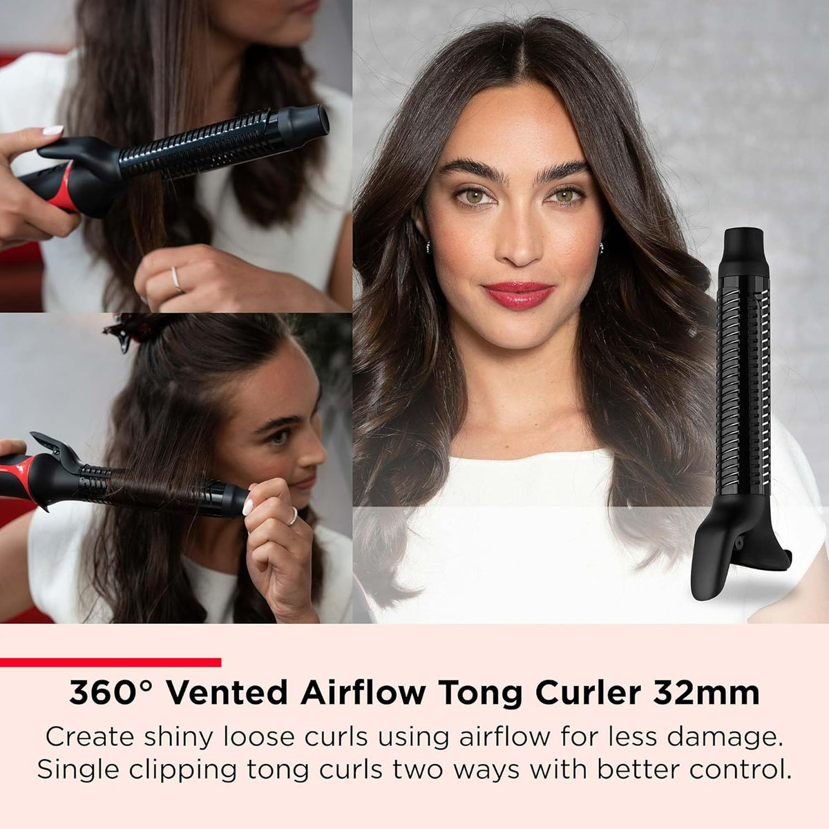Revlon 32mm vented airflow curling tong attachment in black, shown styling hair into loose curls for a salon-quality finish.