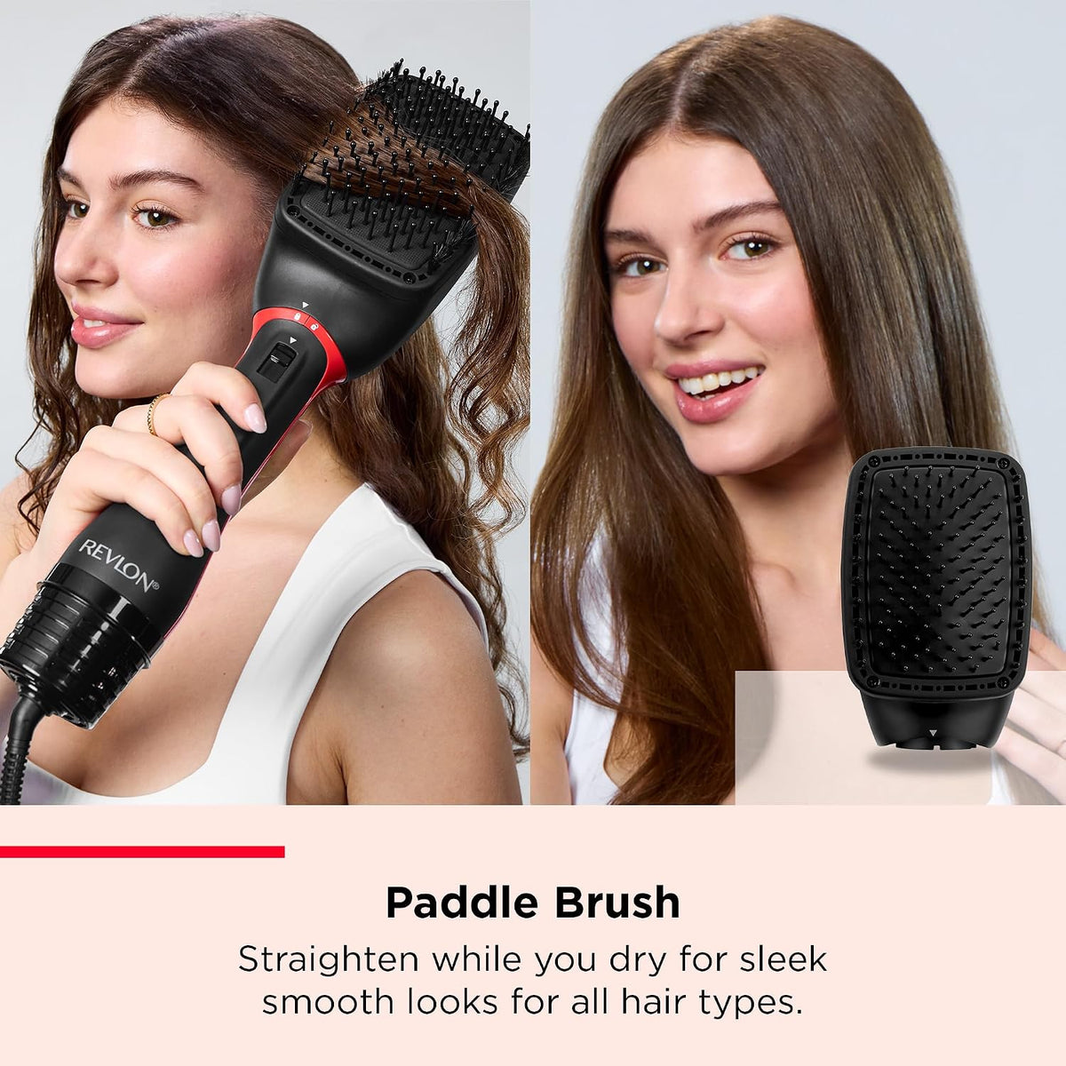 Revlon One-Step 5-in-1 air styler with black paddle brush attachment being used to straighten hair for a sleek, smooth finish.