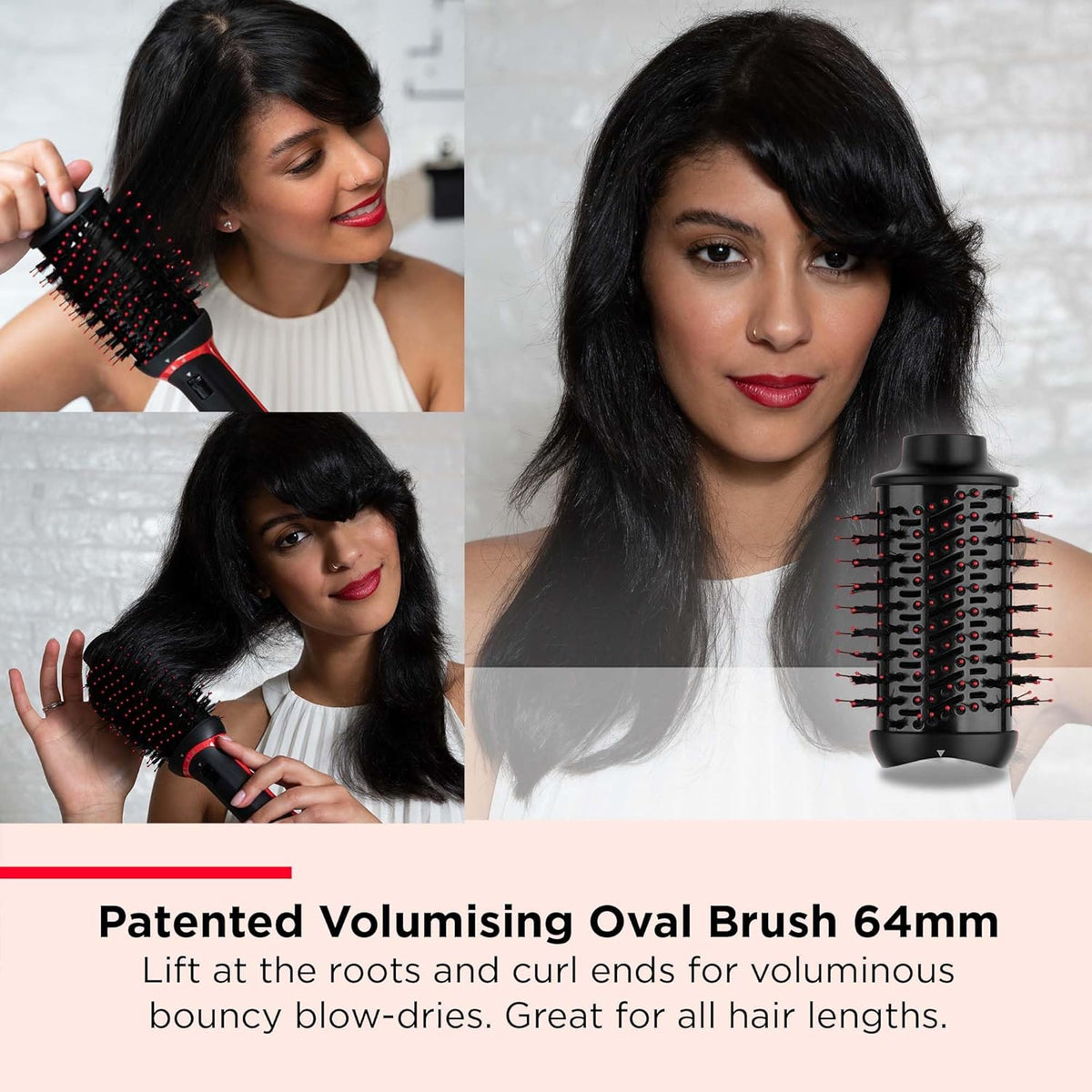 Woman styling dark hair with the black and red Revlon 64mm oval volumiser brush attachment for bouncy blow-dries.