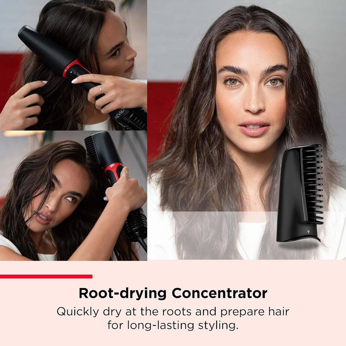 Revlon 5-in-1 Multi Air Styler with black root-drying concentrator attachment for voluminous hair styling.