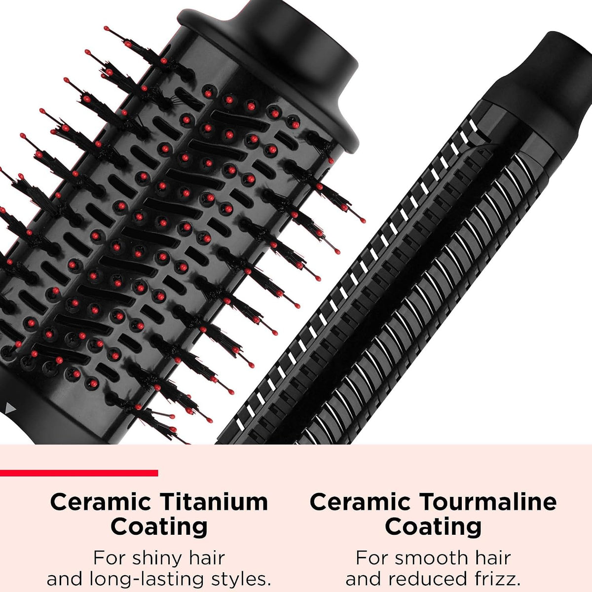 Black Revlon 5-in-1 air styler attachments featuring ceramic titanium and tourmaline coatings for smooth, shiny hair.