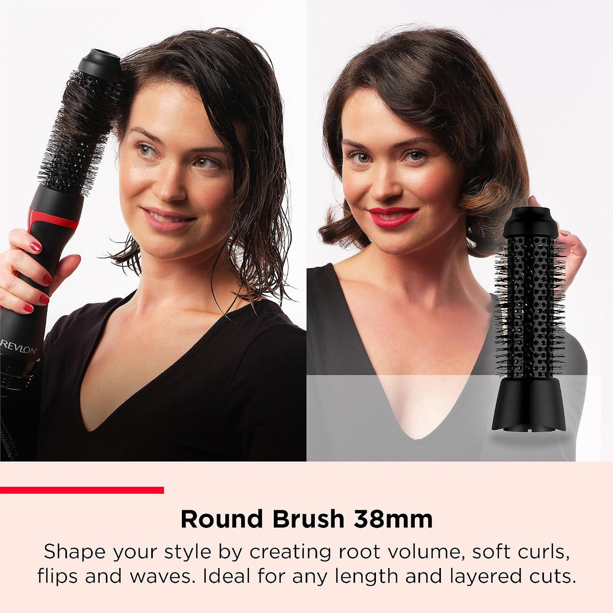 Woman using a black Revlon 38mm round brush air styler to create volume and soft curls on her hair.