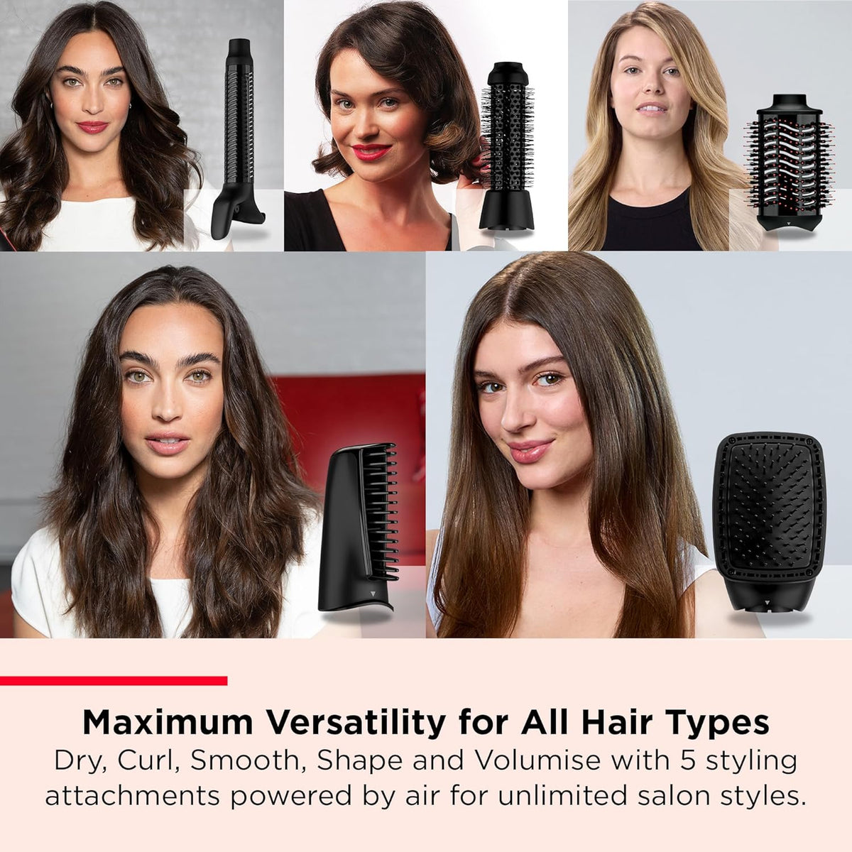 Revlon 5-in-1 black air styler set with five interchangeable styling attachments for drying, curling, and volumizing hair.
