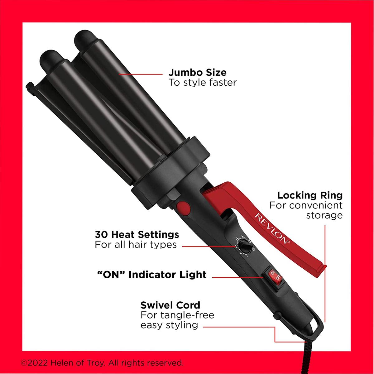 Revlon Wave Master Jumbo Waver (Three-Prong Jumbo Barrels,30 Heat Settings Up to 190°C) RVIR3056UKE, Black - Healthxpress.ie
