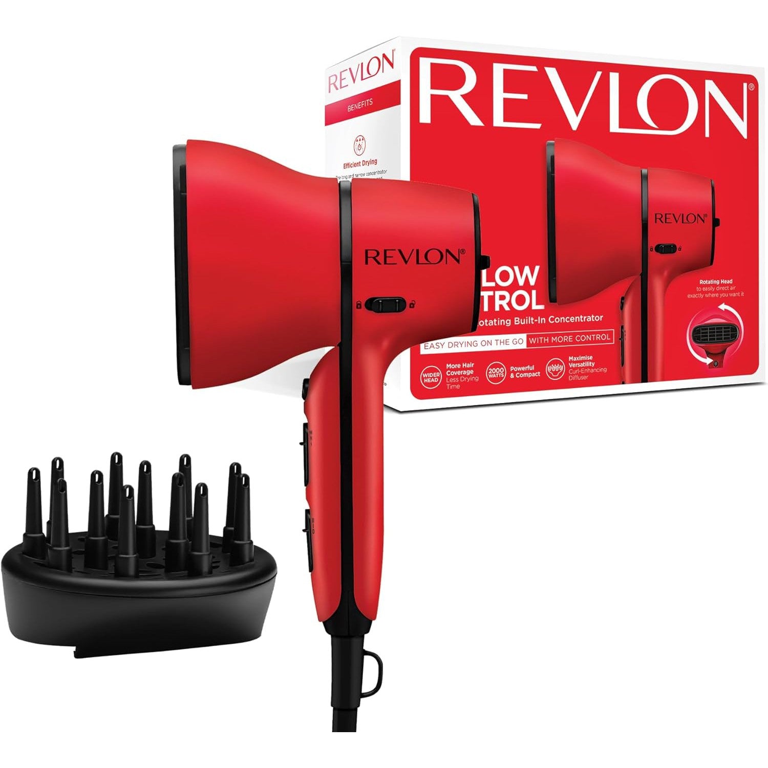 Revlon Airflow Control Dryer Compact Dryer with Rotating Built-in Concentrator and Curl-Enhancing Diffuser, 2000W RVDR5320