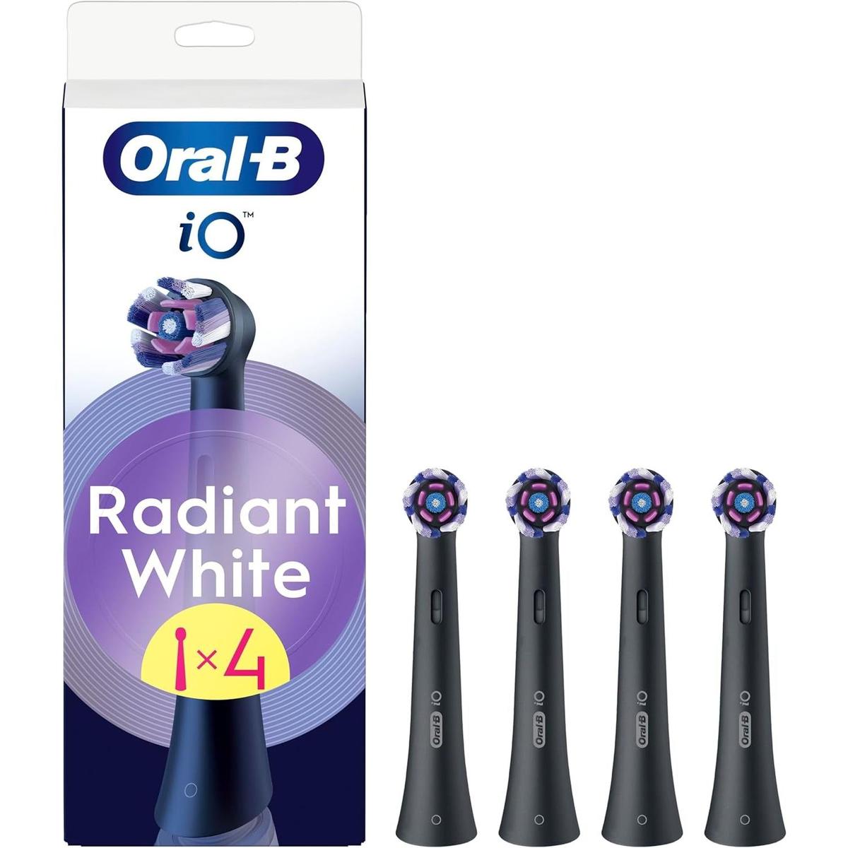 Oral-B iO Radiant White 4pk Replacement Toothbrush Heads,  with Angled Bristles for Deep Plaque Removal & Polishing Petals for Teeth Whitening, Black