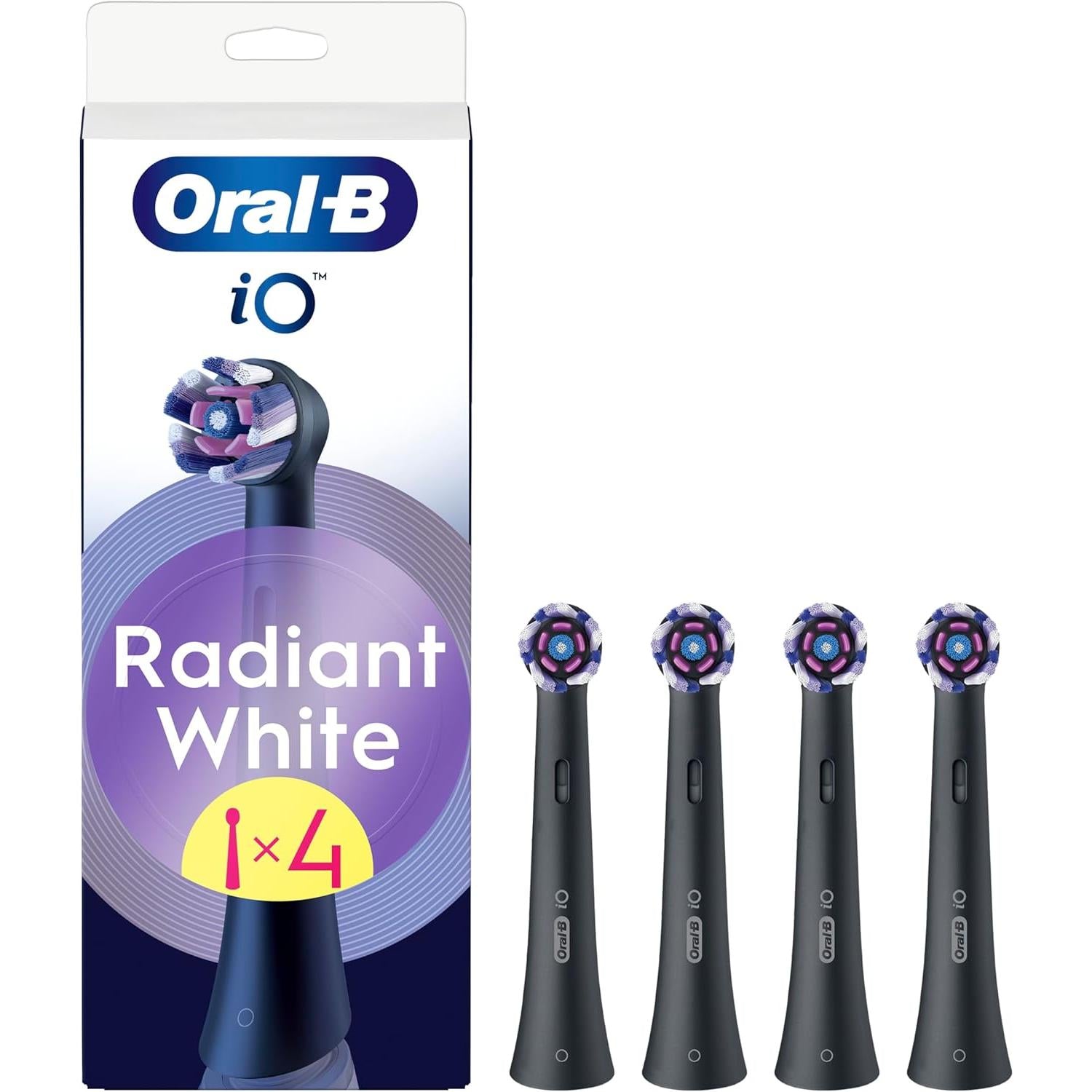 Oral-B iO Radiant White 4pk Replacement Toothbrush Heads,  with Angled Bristles for Deep Plaque Removal & Polishing Petals for Teeth Whitening, Black