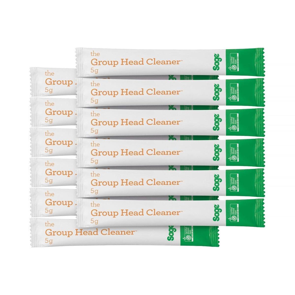 Twelve white 5g Sage espresso group head cleaner sachets with green branding and orange text stacked against a white background.